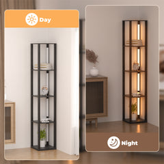 SWANEW Stehlampe mit Holzregal, Bücherregal mit LED-Beleuchtung, 360° Drehbare RGB LED Stehleuchte Wohnzimmer, 3 Farbtemperaturen, 20W & 163 cm Höhe