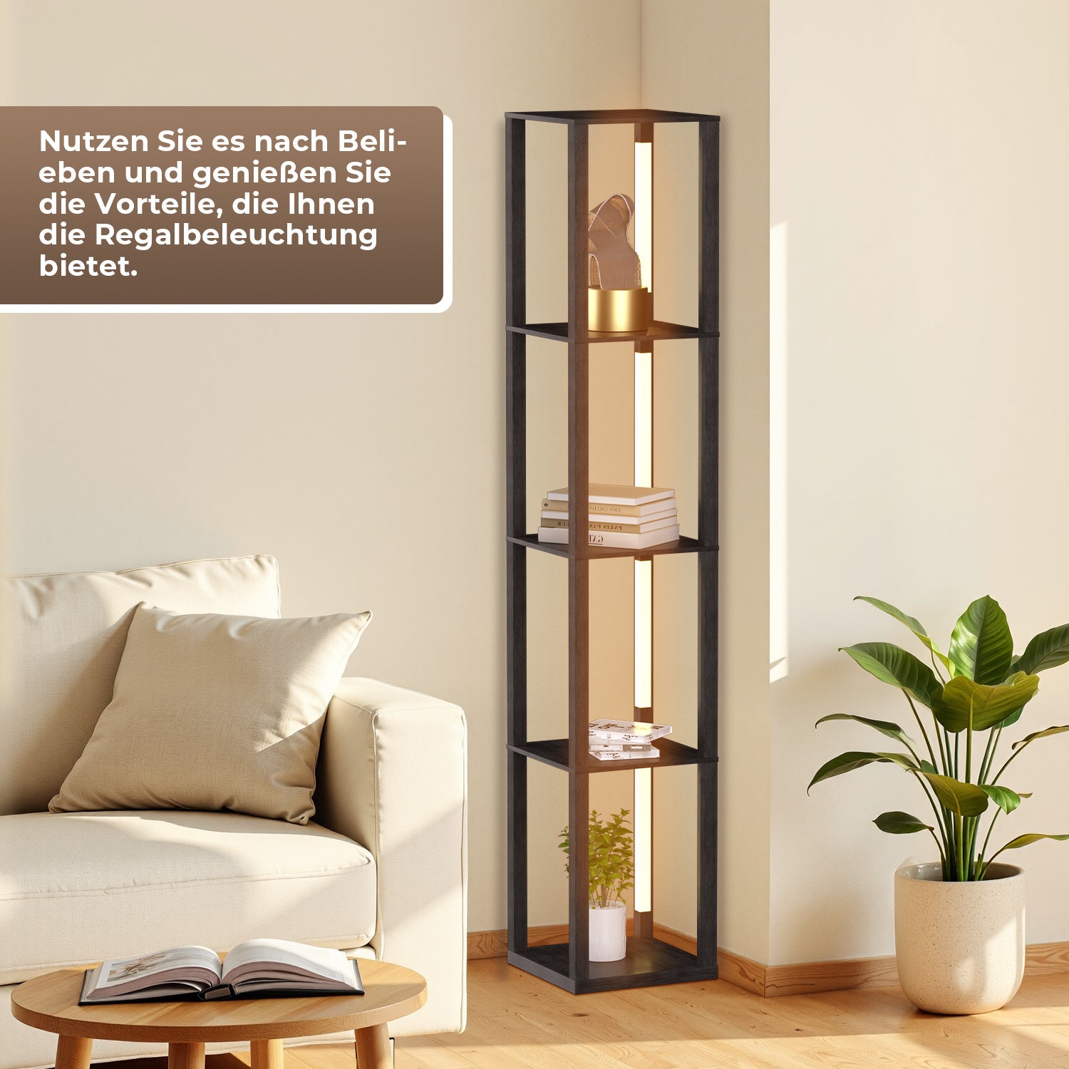 SWANEW Stehlampe mit Holzregal, Bücherregal mit LED-Beleuchtung, 360° Drehbare RGB LED Stehleuchte Wohnzimmer, 3 Farbtemperaturen, 20W & 163 cm Höhe