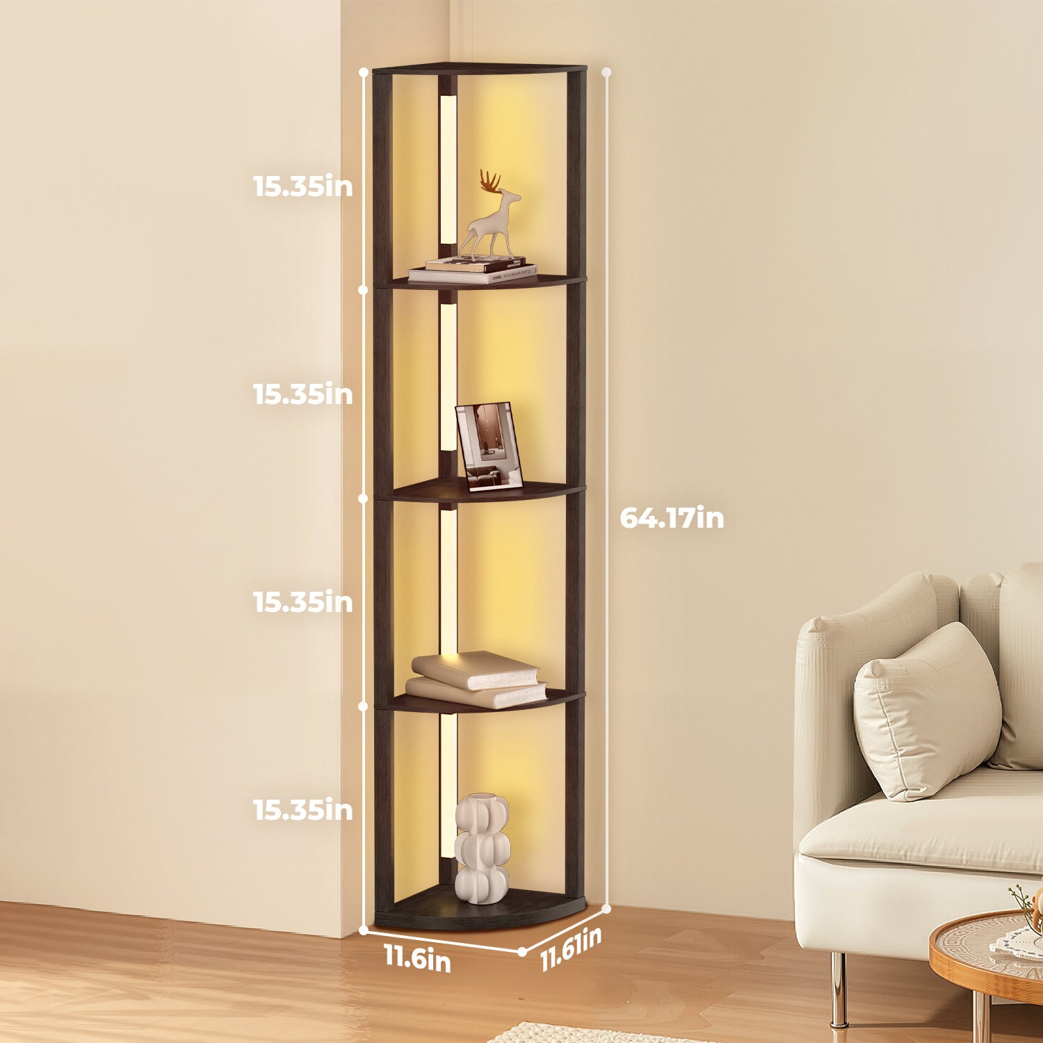 SWANEW Stehlampe mit Holzregal, Bücherregal mit LED-Beleuchtung, 360° Drehbare RGB LED Stehleuchte Wohnzimmer, 3 Farbtemperaturen, 20W & 163 cm Höhe