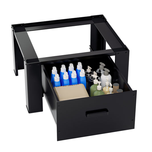 SWANEW Waschmaschinen Untergestell mit Schublade, Schwarz Verstellbares Podest für Trommelwäschetrockner und Gefrierschrank Rahmen