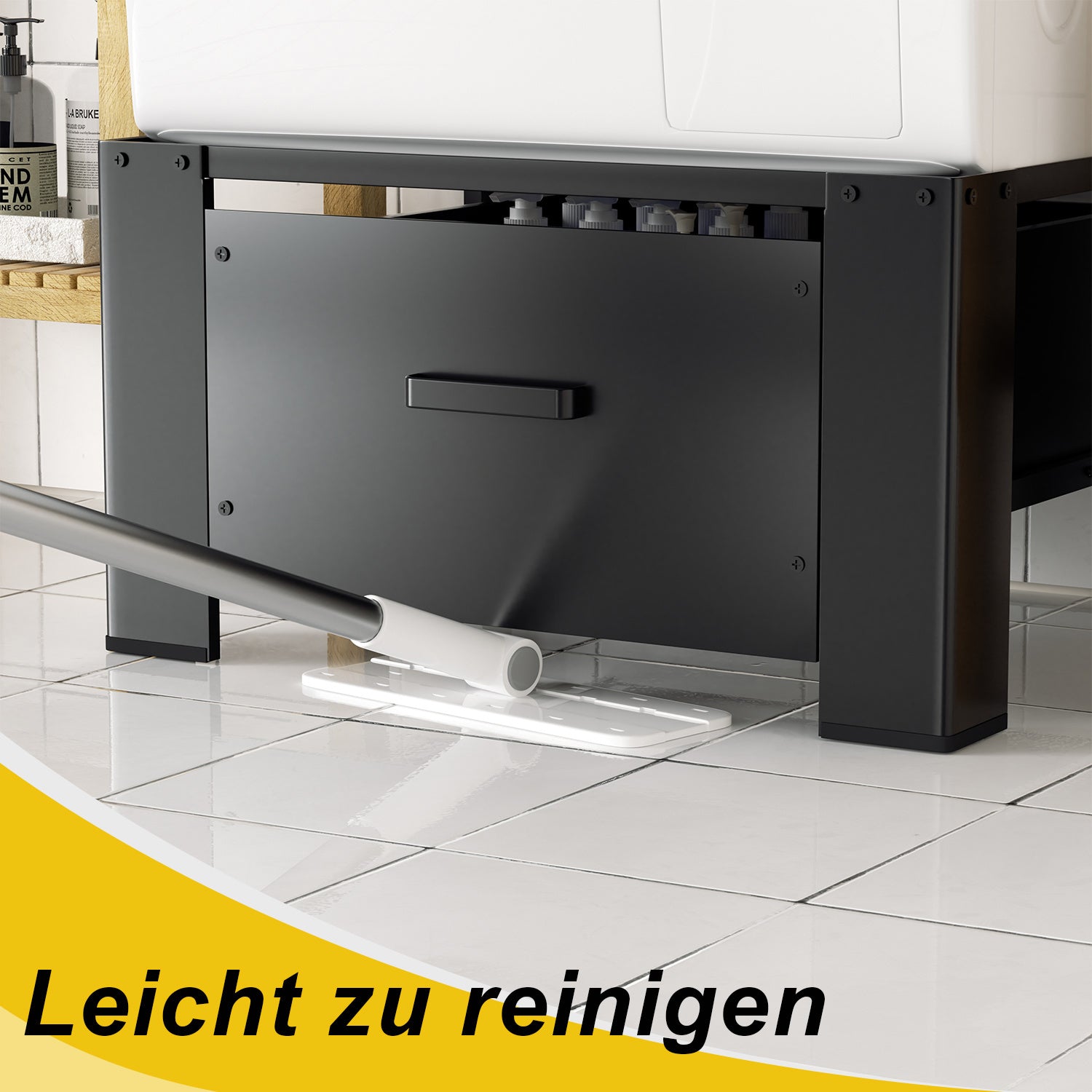 SWANEW Waschmaschinen Untergestell mit Schublade, Schwarz Verstellbares Podest für Trommelwäschetrockner und Gefrierschrank Rahmen