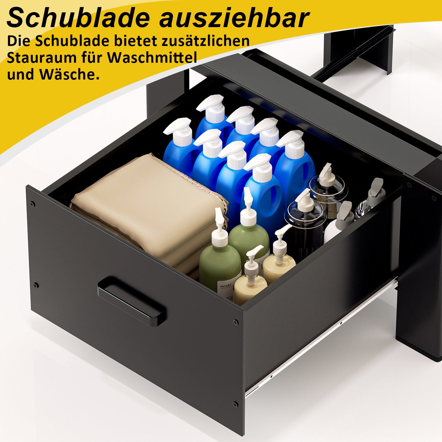 SWANEW Waschmaschinen Untergestell mit Schublade, Schwarz Verstellbares Podest für Trommelwäschetrockner und Gefrierschrank Rahmen