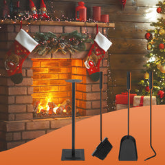 SWANEW Kaminbesteck Set, 3-teiliges, Kamingarnitur mit Besen, Schaufel, Eisenhaken, Ständer, Kaminzubehör, Ofenbesteck Schwarz