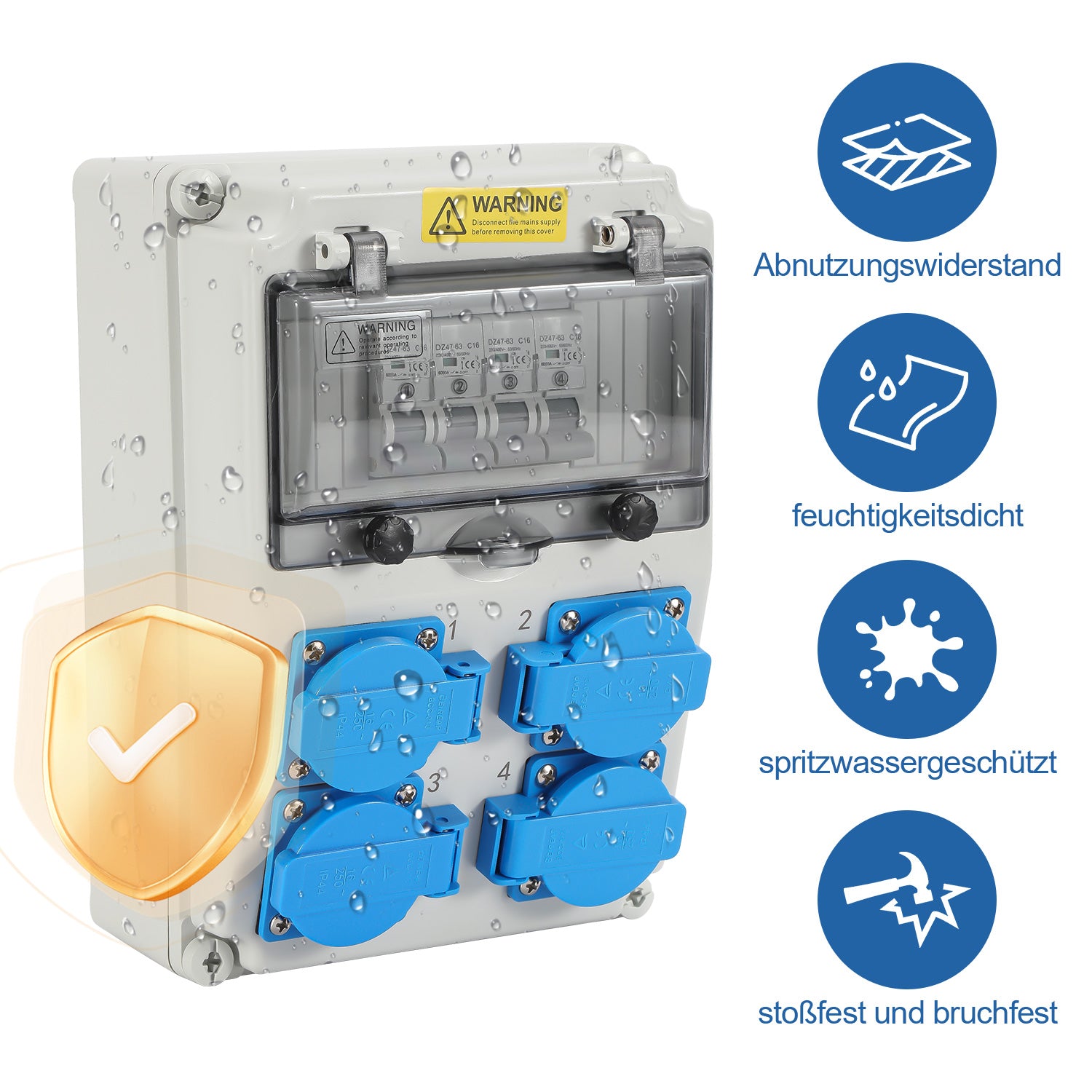 SWANEW Wandverteiler mit Leitungsschutzschalter, Baustromverteiler, 4xSchuko-Steckdose und CEE-Steckdose 16A, Stromverteiler, IP44