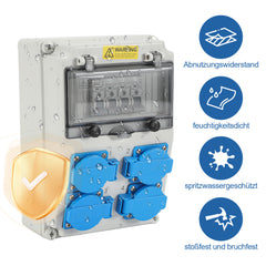 SWANEW Wandverteiler mit Leitungsschutzschalter, Baustromverteiler, 4xSchuko-Steckdose und CEE-Steckdose 16A, Stromverteiler, IP44