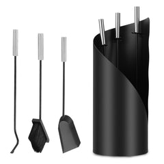SWANEW Kaminbesteck Set 4 teilig Kaminzubehör mit Kaminaufbewahrung Kaminreinigungsset Kaminwerkzeuge Schwarz