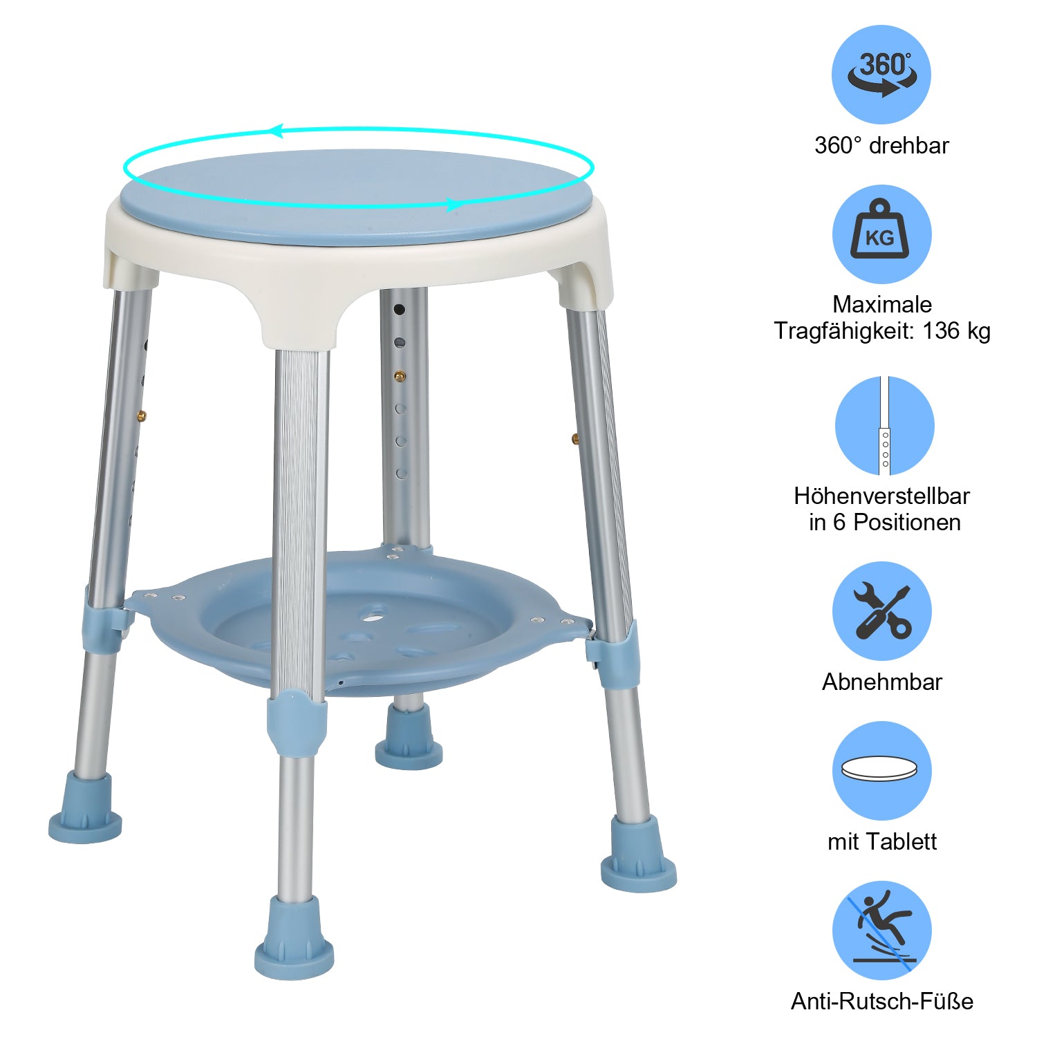 360°Drehbarer Duschhocker Duschstuhl Höhenverstellbar 42-54 cm