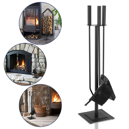 SWANEW Kaminbesteck Set, 3-teiliges, Kamingarnitur mit Besen, Schaufel, Eisenhaken, Ständer, Kaminzubehör, Ofenbesteck Schwarz