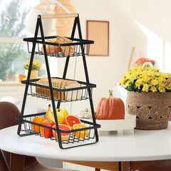 SWANEW 3-Ebenen Aufbewahrungskorb Multifunktionaler Schwarzer Metall mit Holzgriff