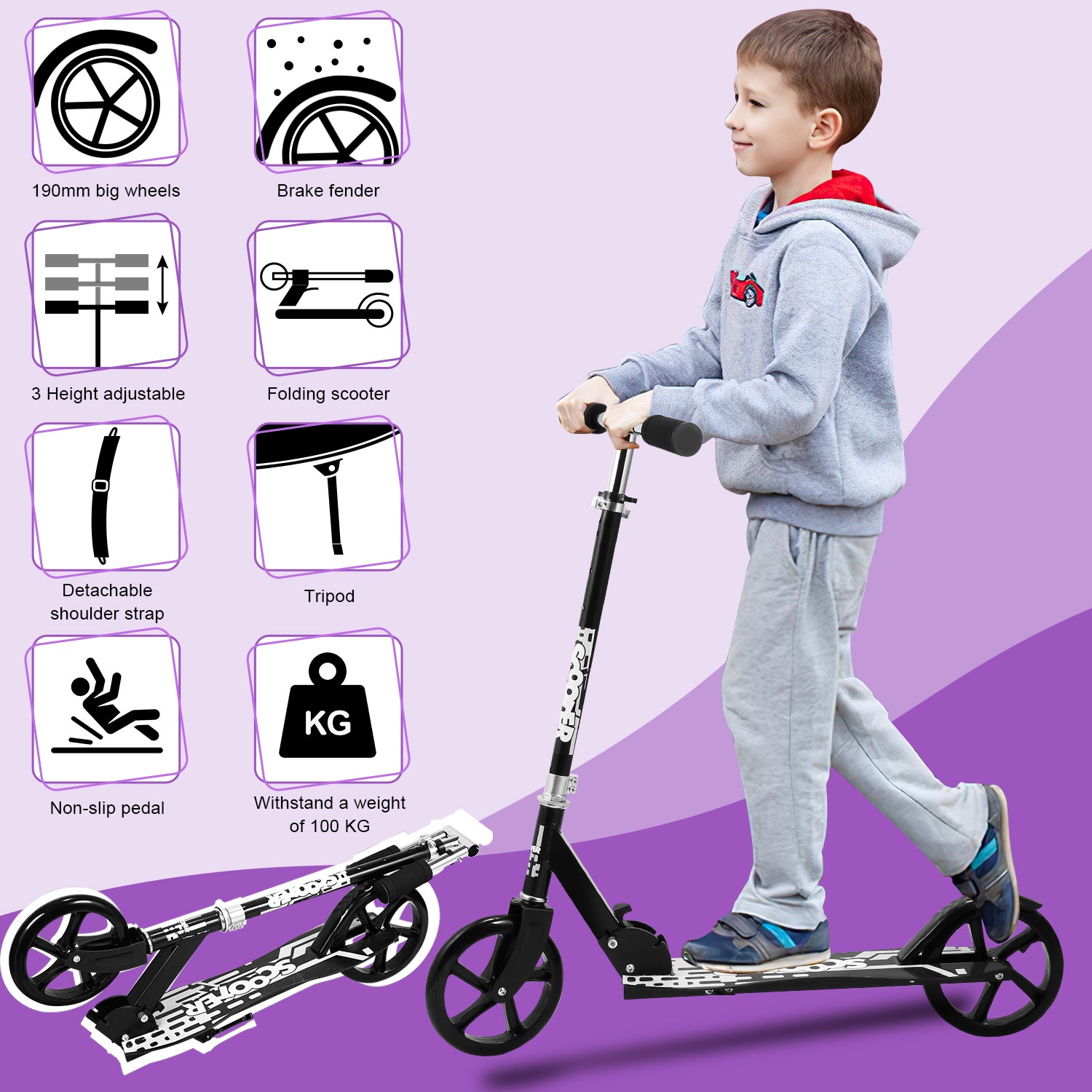Kinderscooter Aluminium mit 205 mm Rädern & 3-fach höhenverstellbar