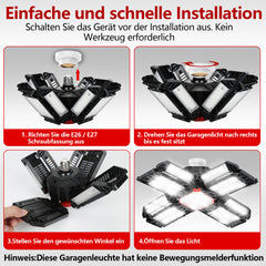 SWANEW Led Werkstatt Deckenleuchte, Garagenlampe 200W, Led Garagenbeleuchtung 20000LM 6500K, Werkstatt Beleuchtung mit 12 Verstellbaren Paneelen, E26 / E27 Werkstattbeleuchtung für Keller [Energieklasse F]