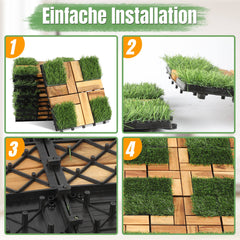 SWANEW Holzfliesen aus Akazien Holz, Balkonfliesen mit Künstlichem Gras, Dekorationsbodenmatte