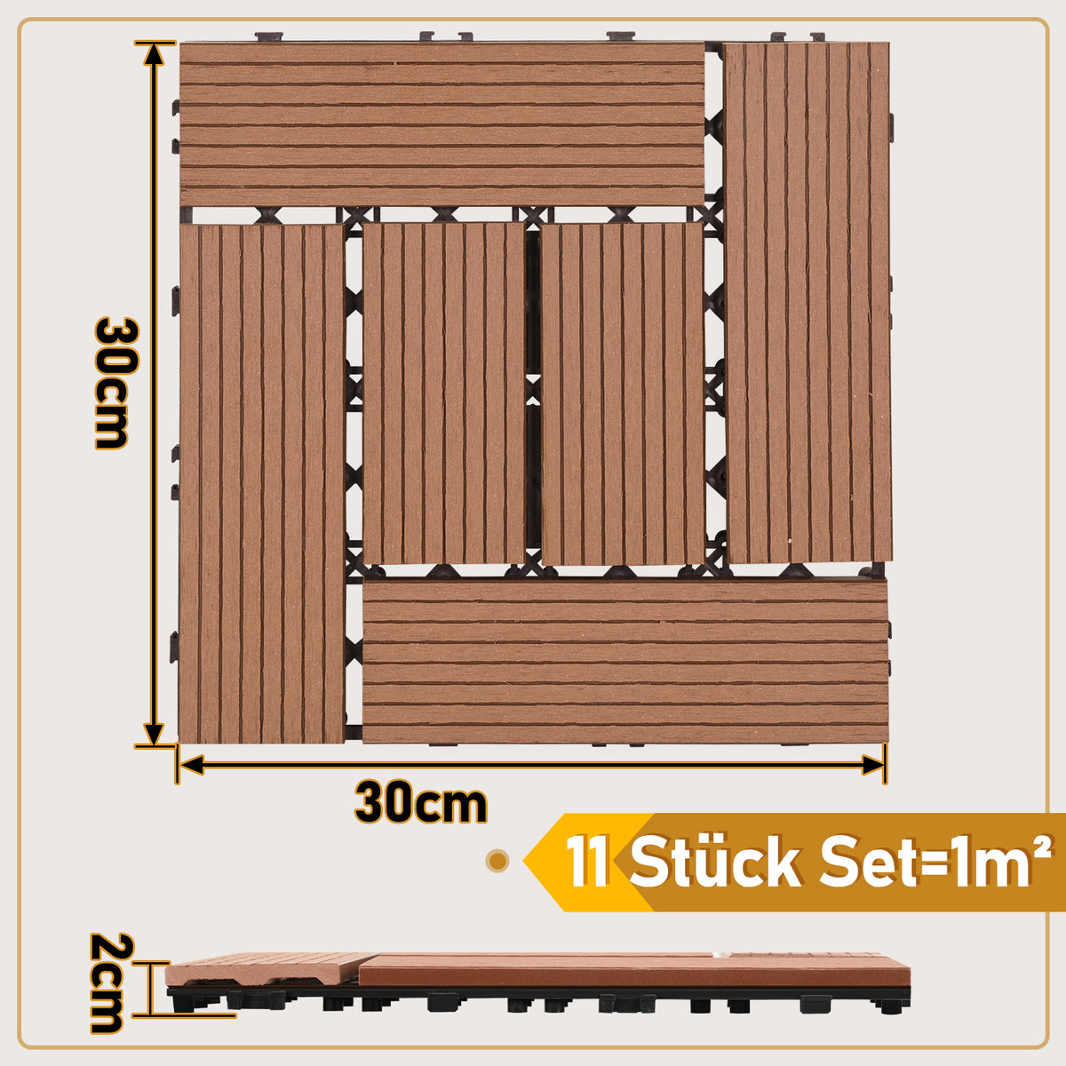 SWANEW WPC Terrassenfliesen, 30x30cm Balkon Bodenfliese, WPC Fliesen mit Klick-System, Balkonfliesen in Holzoptik, Terrassendielen Wasserfest für Terrasse