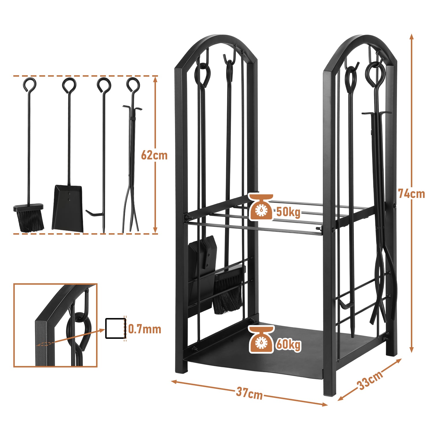 SWANEW kaminholzregal Innen und Aussen, mit Kaminbesteck, Metall Brennholzregal, Holzunterstand für Kaminholz, 37 x 33 x 74CM, Schwarz