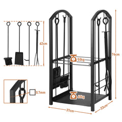 SWANEW kaminholzregal Innen und Aussen, mit Kaminbesteck, Metall Brennholzregal, Holzunterstand für Kaminholz, 37 x 33 x 74CM, Schwarz