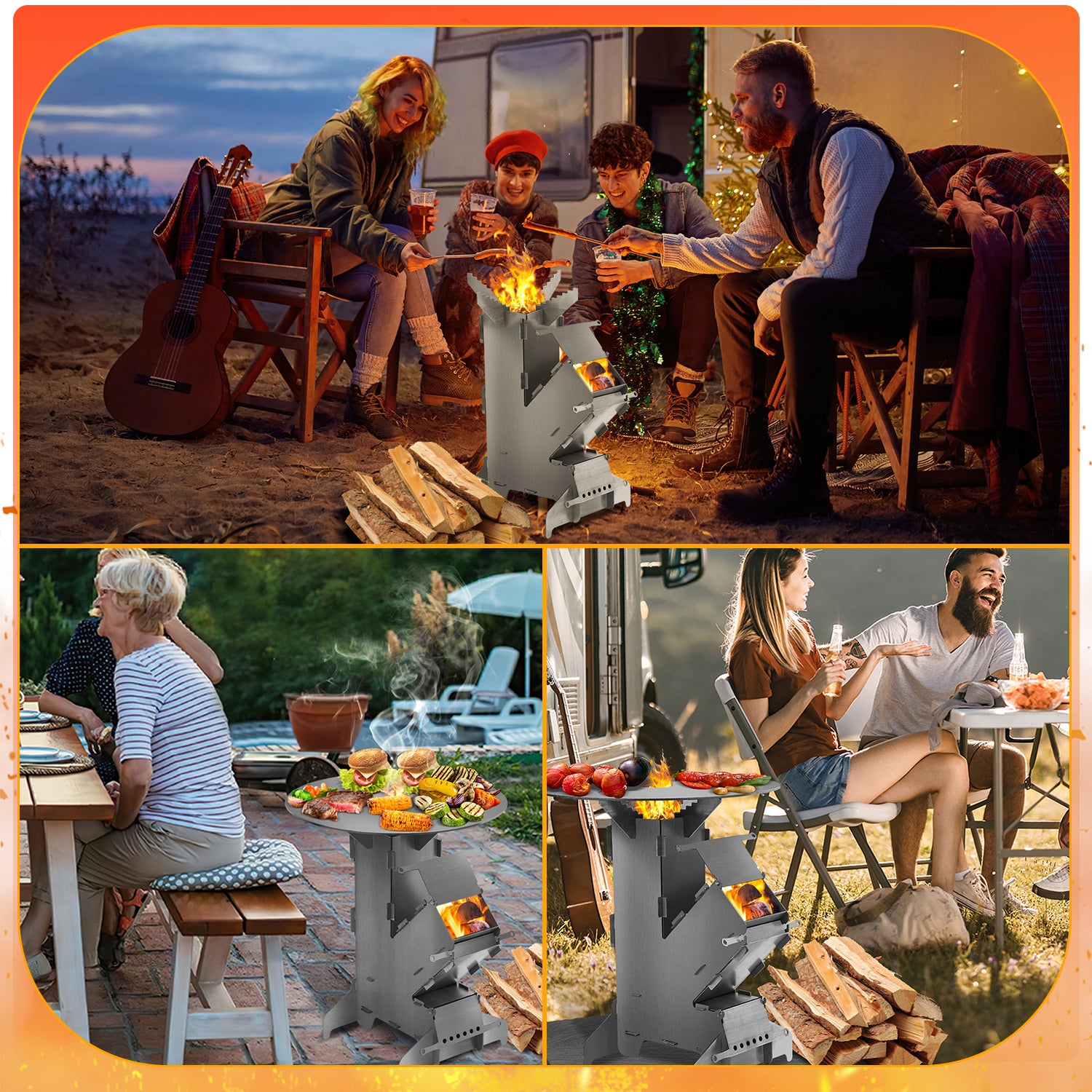 SWANEW Raketenofen mit Grillplatte und Feuerhaken, Rocket Stove Stecksystem aus 3 mm dickem Stahl, Raketenofen Outdoor Holzofen Campingkocher Kanonenofen für BBQ Terrasse