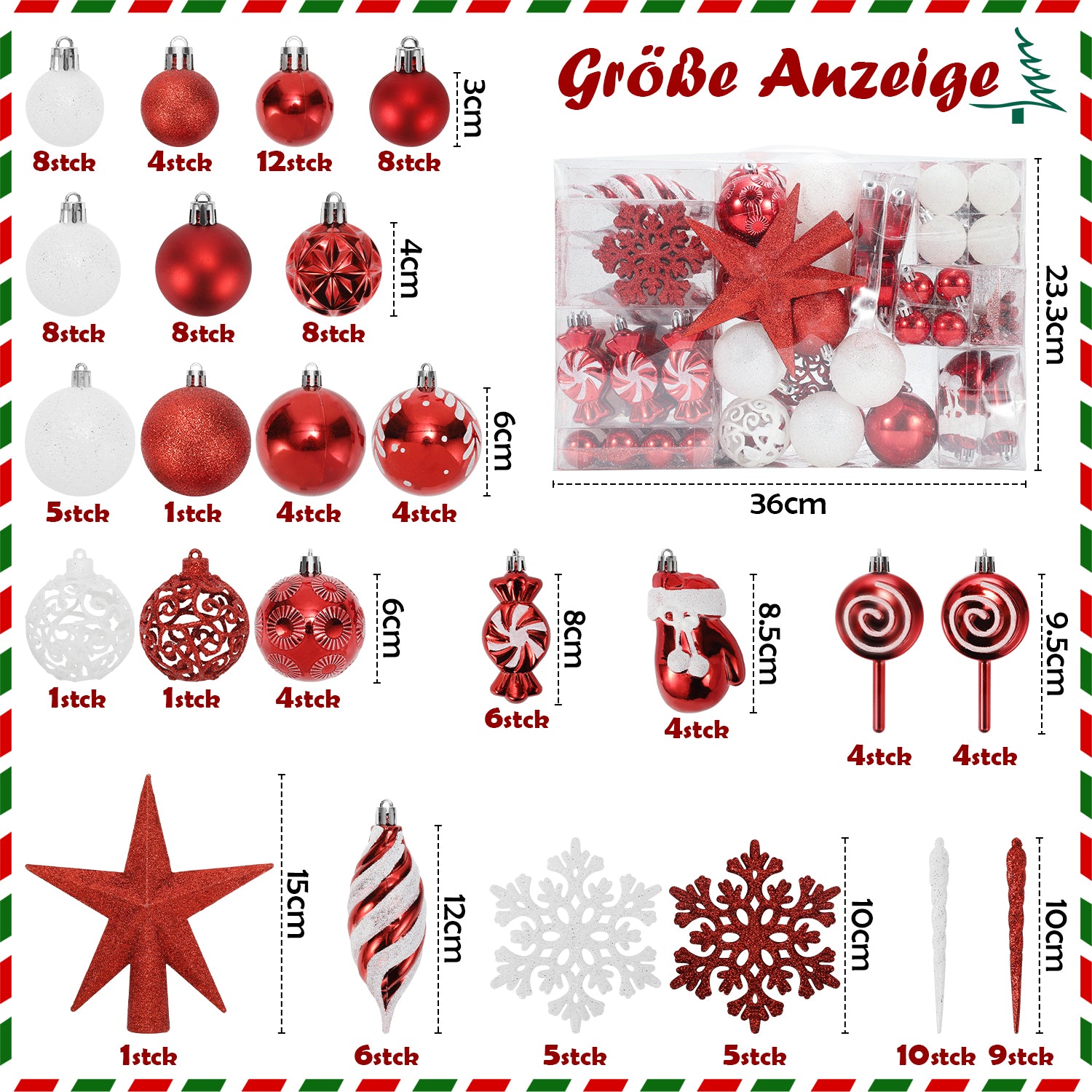SWANEW Weihnachtskugel-Set - 130 Stück hochwertige Kunststoff-Weihnachtskugeln in verschiedenen Designs, schön gestaltete