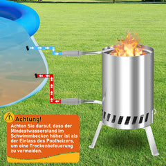 SWANEW Brennholz Poolheizung, Schwimmbadheizung mit Feuer, 100% rostfreier Edelstahl Poolheizung Feuertonne, 32-38mm Anschlüsse, mit Feuerfeste Matte und Tablett