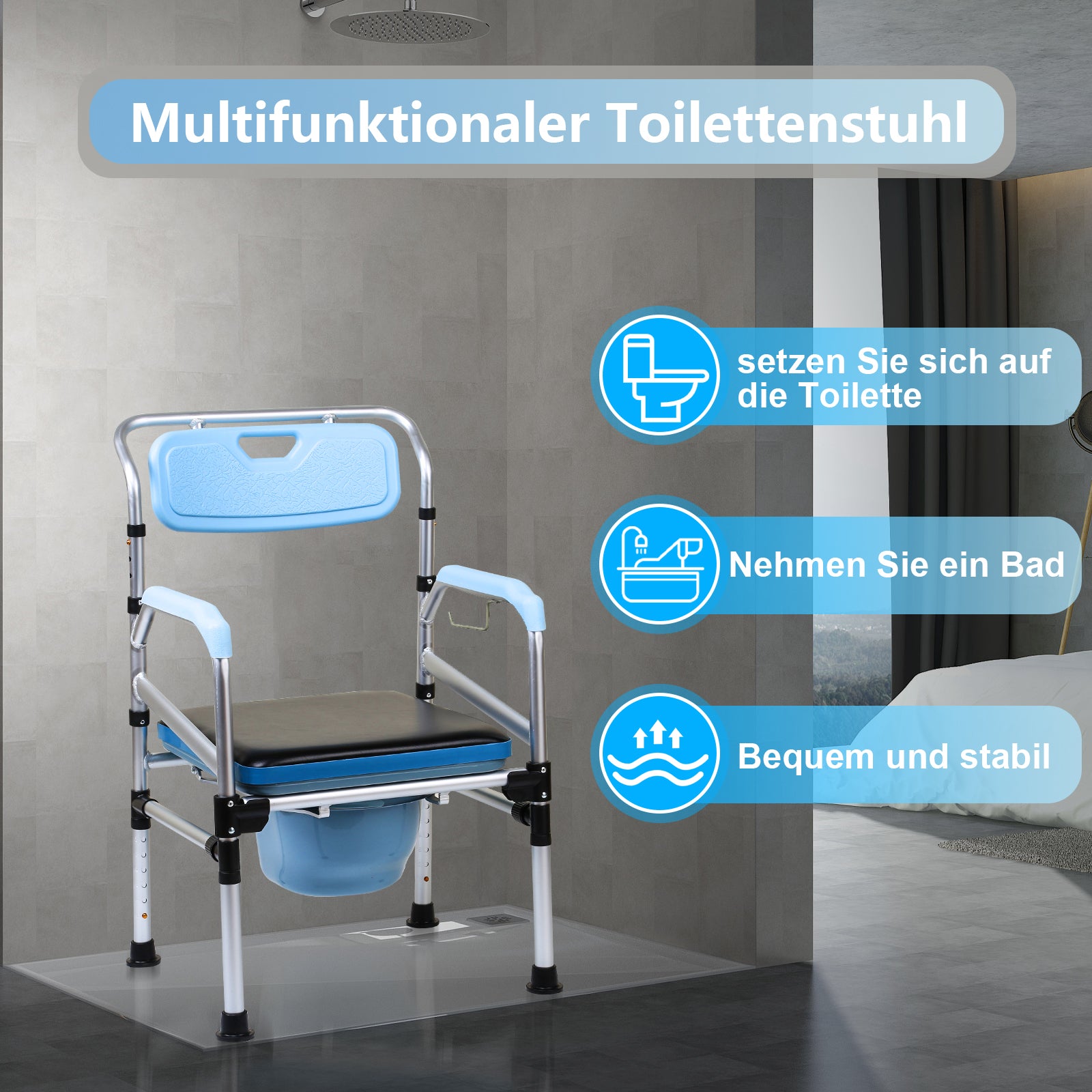 Toilettenstuhl, Duschhocker, WC-Stuhl Höhenverstellbar 42-54cm