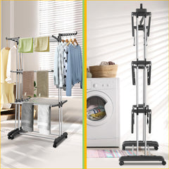 SWANEW Wäscheständer Turm,wäscheständer ausziehbar Länge 75-150cm, platzsparend, 4 Etagen mit 2 klappbaren Flügeln, 360°drehbare Rollen, Wäscheturm