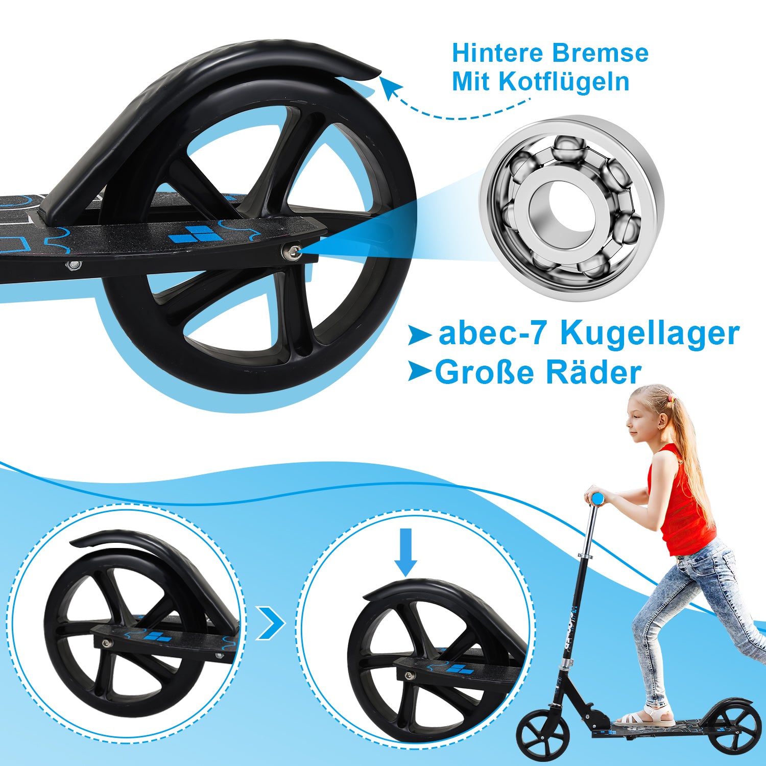 Kinderscooter Aluminium mit 205 mm Rädern & 3-fach höhenverstellbar
