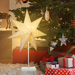 SWANEW Weihnachtsstern Tischlampe, Holzsockel, Weißer 3D-Papierstern φ42cm, Dekorative Papierstern Weihnachten Tischlampe mit Kabelschalter, E14, inkl. Leuchtmittel