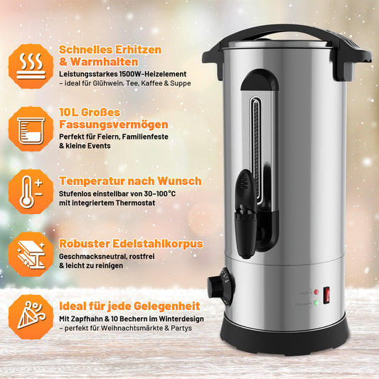 SWANEW Glühweinkocher 10L, 1500W Glühweinkessel, Heißgetränkeautomat, Glühweintopf Edelstahl, mit Füllstandsanzeige, mit 10 Tassen