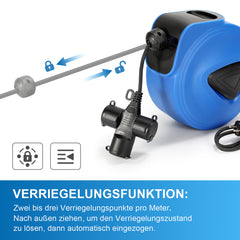 SWANEW Automatik Kabelaufroller 20M+1.5M Kabelaufroller, mit 3-Fach Anschluss, Kabeltrommel mit Stopfunktion,Verlängerungskabe, mit 180° drehbar Wandhalterung, für Wandmontage