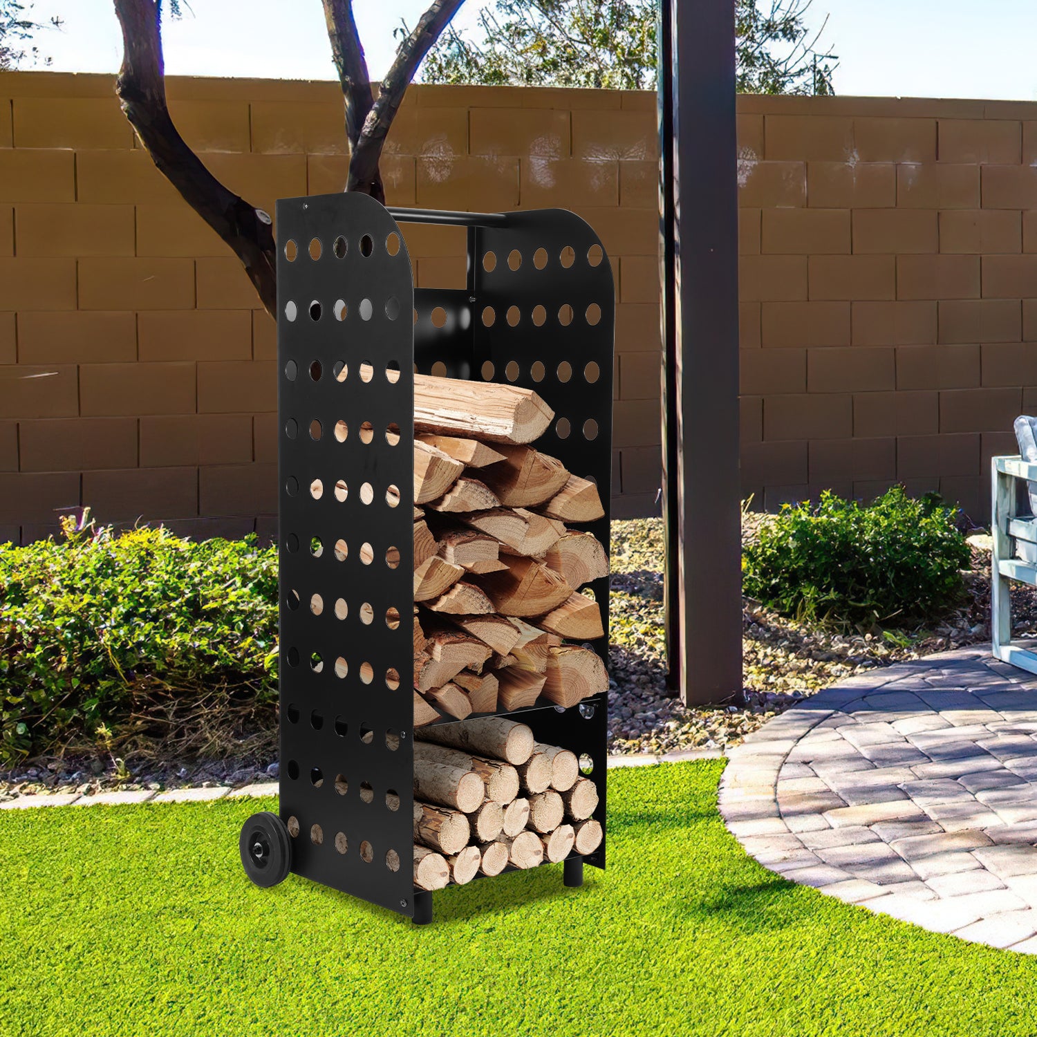 SWANEW Kaminholzwagen Brennholzwagen Kaminholzständer Trolley,Kaminzubehör Holzkarre 60kg, Mit Lochplatte, 42x35x112cm