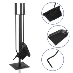 SWANEW Kaminbesteck Set, 3-teiliges, Kamingarnitur mit Besen, Schaufel, Eisenhaken, Ständer, Kaminzubehör, Ofenbesteck Schwarz