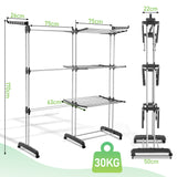 SWANEW Wäscheständer Turm,wäscheständer ausziehbar Länge 75-150cm, platzsparend, 4 Etagen mit 2 klappbaren Flügeln, 360°drehbare Rollen, Wäscheturm