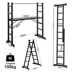 SWANEW Mehrzweckleiter, Arbeitsgerüst, bis max. 150 Kg, 4 in 1 Aluminium Leiter, 6+6 Stufen