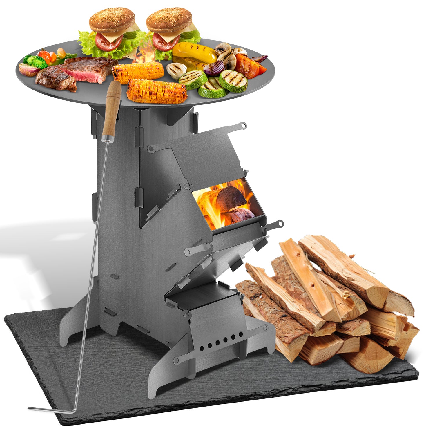 SWANEW Raketenofen mit Grillplatte und Feuerhaken, Rocket Stove Stecksystem aus 3 mm dickem Stahl, Raketenofen Outdoor Holzofen Campingkocher Kanonenofen für BBQ Terrasse