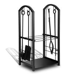 SWANEW kaminholzregal Innen und Aussen, mit Kaminbesteck, Metall Brennholzregal, Holzunterstand für Kaminholz, 37 x 33 x 74CM, Schwarz