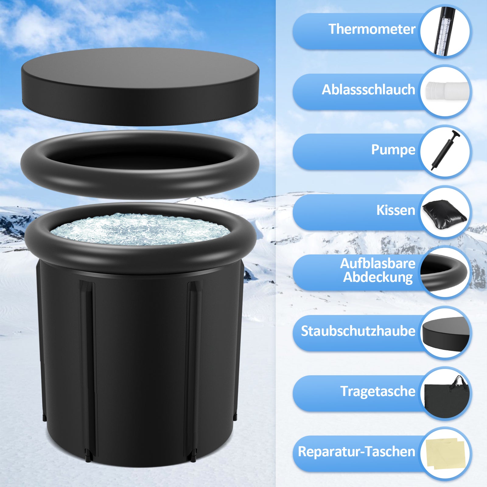 SWANEW Eisbad Eisbaden Tonne 80 cm, Faltbare Badewanne 390L,  Kältetherapie Set mit 5 Isolierschichten, Aufblasbare Eistonne-Set für Zuhause