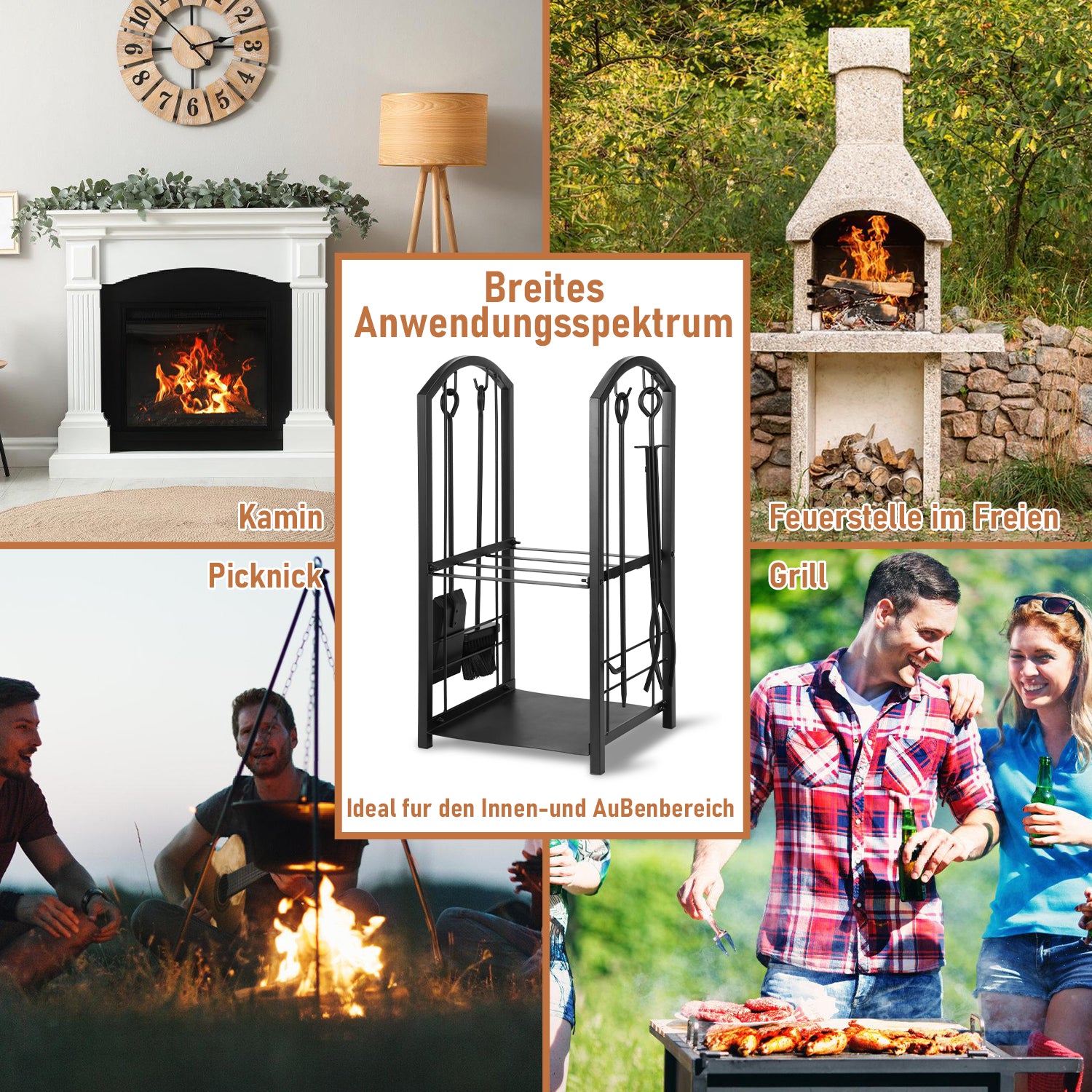 SWANEW kaminholzregal Innen und Aussen, mit Kaminbesteck, Metall Brennholzregal, Holzunterstand für Kaminholz, 37 x 33 x 74CM, Schwarz