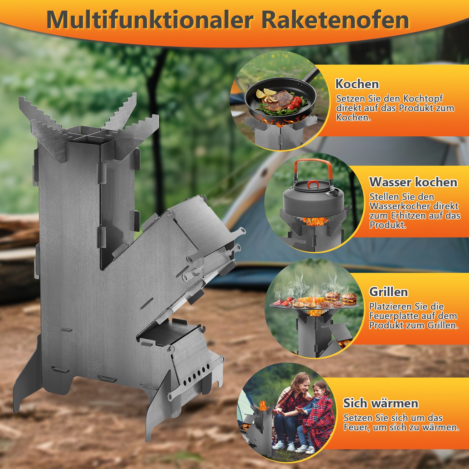 SWANEW Raketenofen mit Grillplatte und Feuerhaken, Rocket Stove Stecksystem aus 3 mm dickem Stahl, Raketenofen Outdoor Holzofen Campingkocher Kanonenofen für BBQ Terrasse