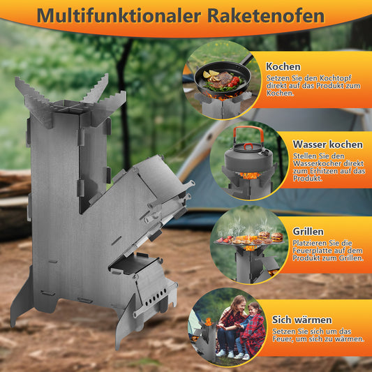 SWANEW Raketenofen mit Grillplatte und Feuerhaken, Rocket Stove Stecksystem aus 3 mm dickem Stahl, Raketenofen Outdoor Holzofen Campingkocher Kanonenofen für BBQ Terrasse