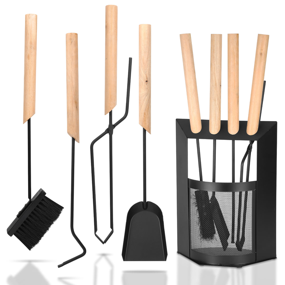 SWANEW Kaminbesteck, 4-teiliges Kaminbesteck Set, Kamingarnitur, Kaminzubehör mit Holzgriff und Halbkreisförmiges Leichentuch