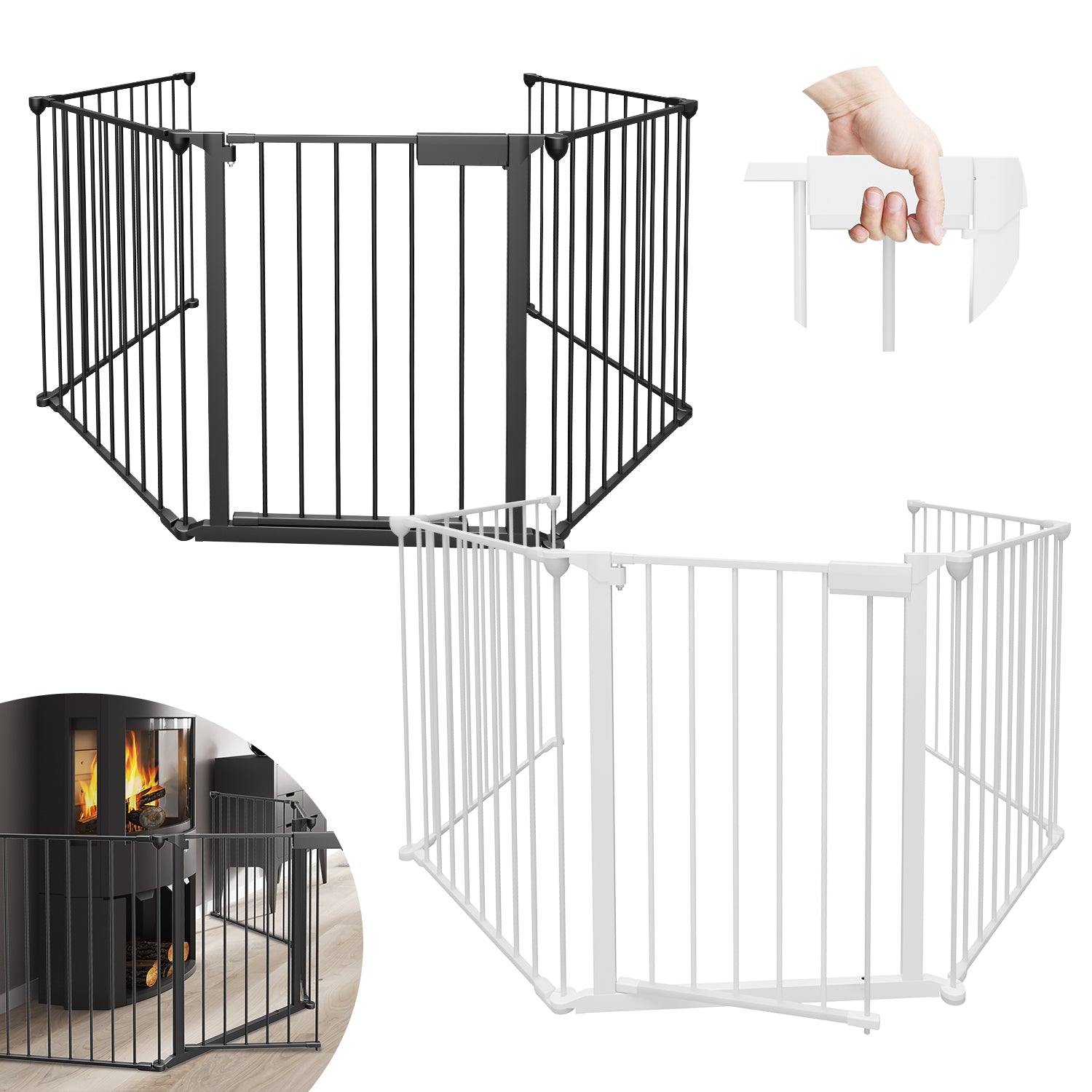 SWANEW Kaminschutzgitter mit Tür Metall Absperrgitter, Tierschutzgitter Babygitter Sicherung Elementen für Kinde, Laufstall faltbar 5-teilig (je 60 x 75 cm)
