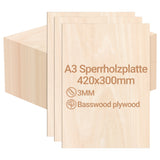 SWANEW Sperrholzplatte, Sperrholz, A3/A4, 3mm, Linde holzplatte, für Modellbau, Laserschnit