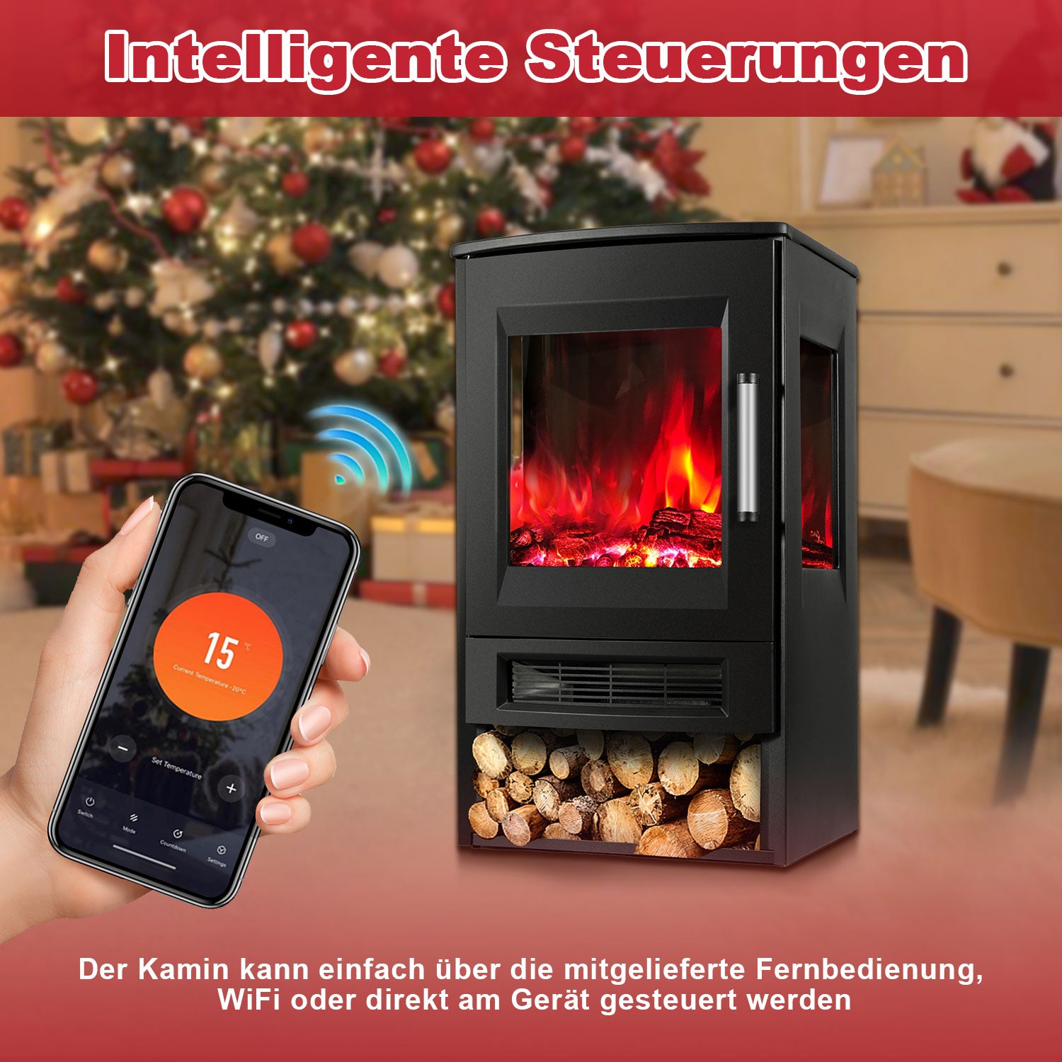 SWANEW Elektrokamin mit Heizlüfter Fernbedienung, 900/1800W Elektro Kamin mit Thermostat Heizfunktion, Timer, Elektrischer Heizung LED Kaminfeuer Effekt, WiFi Fernbedienung