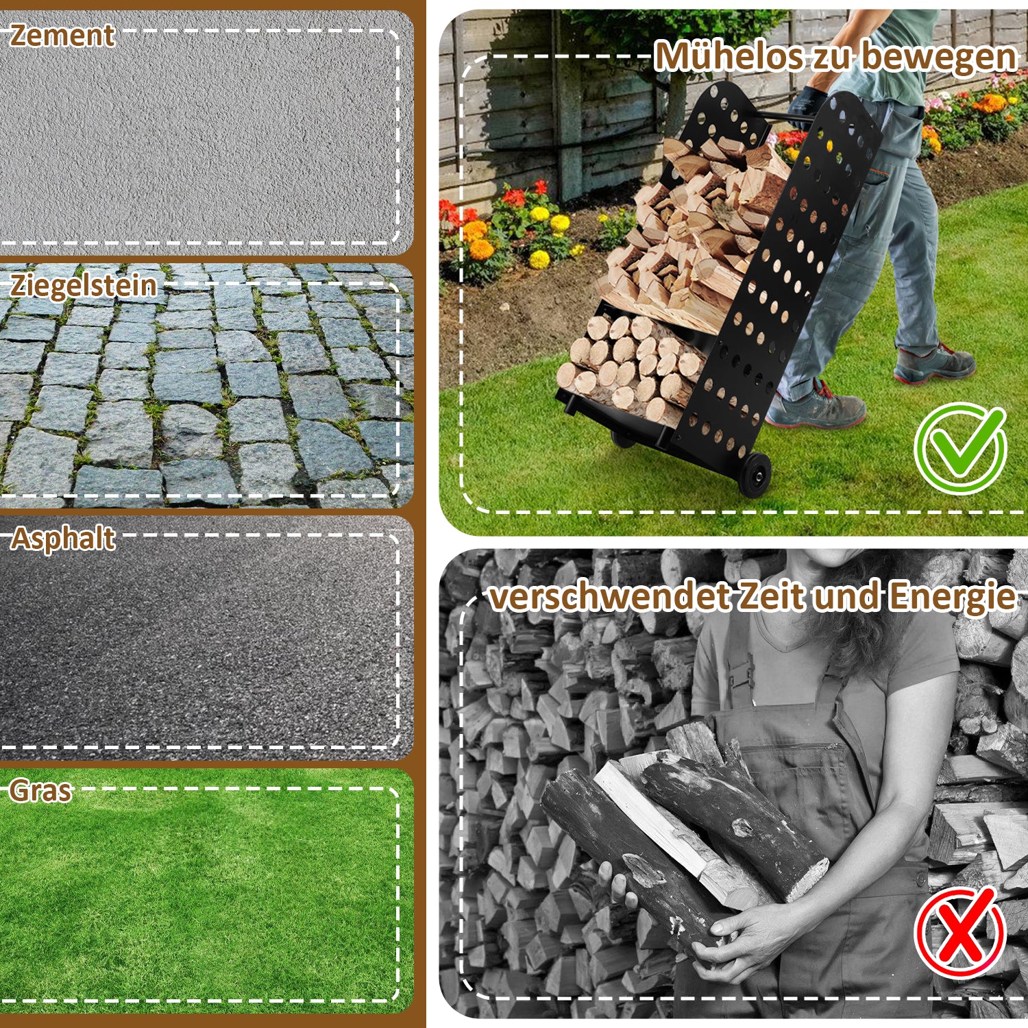 SWANEW Kaminholzwagen Brennholzwagen Kaminholzständer Trolley,Kaminzubehör Holzkarre 60kg, Mit Lochplatte, 42x35x112cm