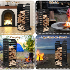 SWANEW Kaminholzwagen Brennholzwagen Kaminholzständer Trolley,Kaminzubehör Holzkarre 60kg, Mit Lochplatte, 42x35x112cm