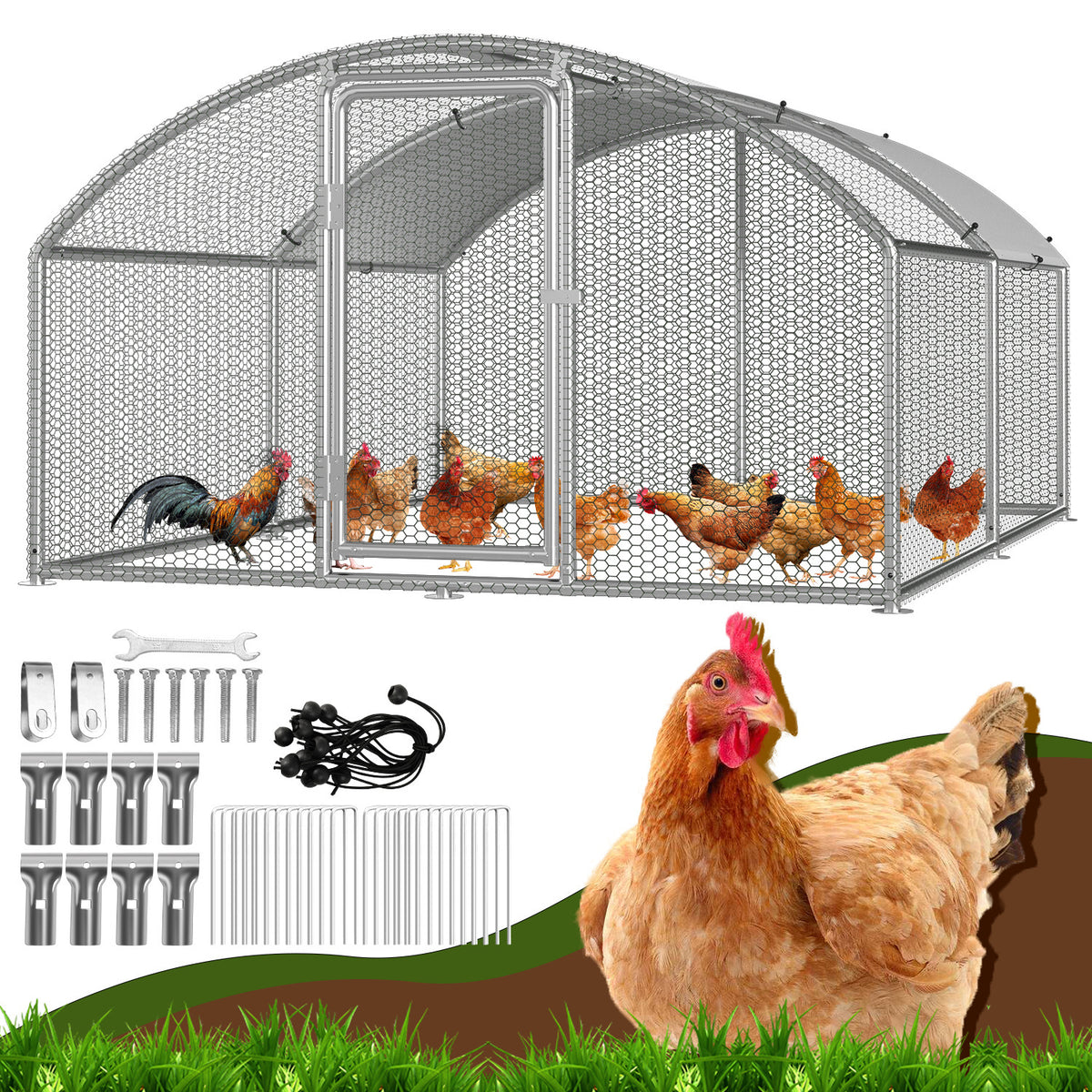 SWANEW Hühnerstall Freilaufgehege, 3 x 4 x 2 m, Dome Roof Freigehege, Verzinkter Stahl