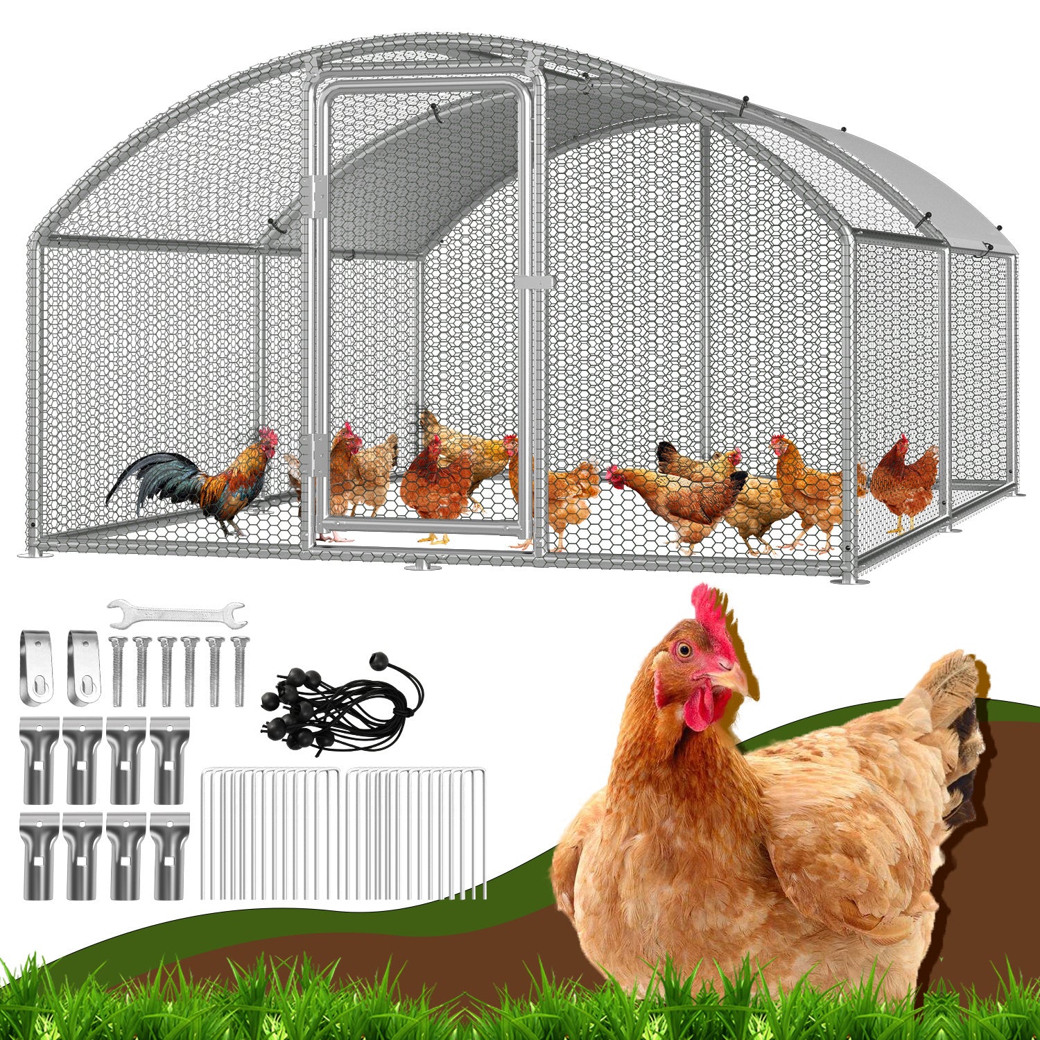 SWANEW Hühnerstall Freilaufgehege, 3 x 4 x 2 m, Dome Roof Hühnerhaus Verzinkter Stahl, Hühnervoliere Begehbar mit Schloss und Wasserdichtes PE Gewebe