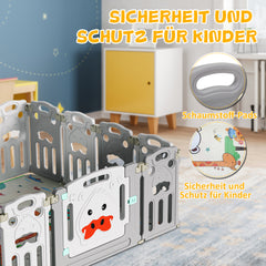 SWANEW Laufgitter Baby Sicherheitszaun Laufstall Faltbar 14-Paneele, Babyzaun mit Tür, Spielbrett und Krabbelmatte, 150cm*150cm, Grau