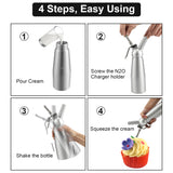 SWANEW Sahnespender Aluminium/Edelstahl Sahnesyphon, 0,5 L Mit 3 Edelstahl Deko-Düsen und Reinigungbürste