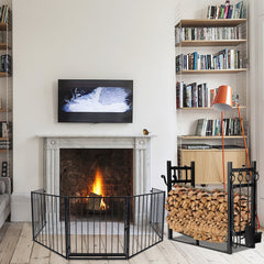 SWANEW kaminholzregal Innen und Aussen, mit Kaminbesteck, Metall Brennholzregal, Holzunterstand für Kaminholz, 37 x 33 x 74CM, Schwarz