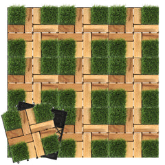 SWANEW Holzfliesen aus Akazien Holz, Balkonfliesen mit Künstlichem Gras, Dekorationsbodenmatte